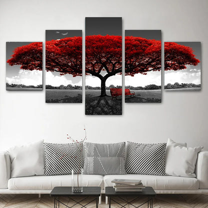 Nordic 5-Panel Red Tree Canvas Wall Art