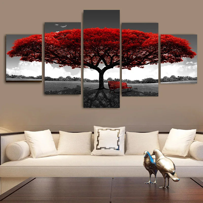 Nordic 5-Panel Red Tree Canvas Wall Art