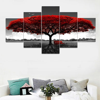 Nordic 5-Panel Red Tree Canvas Wall Art