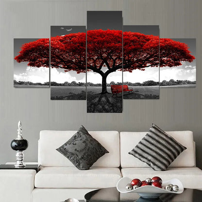 Nordic 5-Panel Red Tree Canvas Wall Art