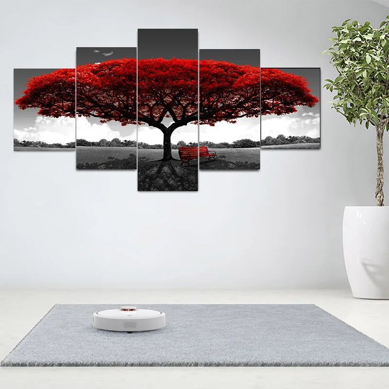 Nordic 5-Panel Red Tree Canvas Wall Art