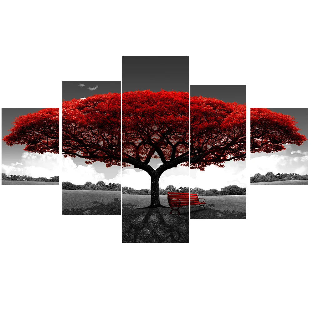 Nordic 5-Panel Red Tree Canvas Wall Art