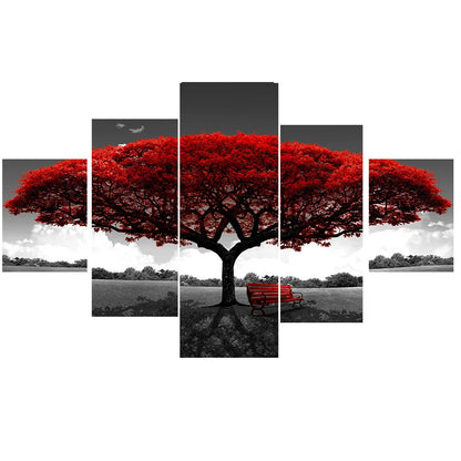 Nordic 5-Panel Red Tree Canvas Wall Art